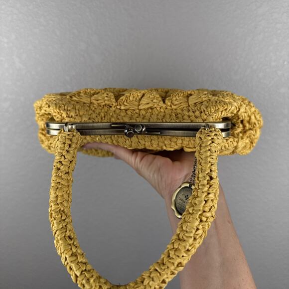 Patricia Nash Laureana Frame Satchel Yellow Woven Scallop Raffia Straw Crossbody - Picture 8 of 11